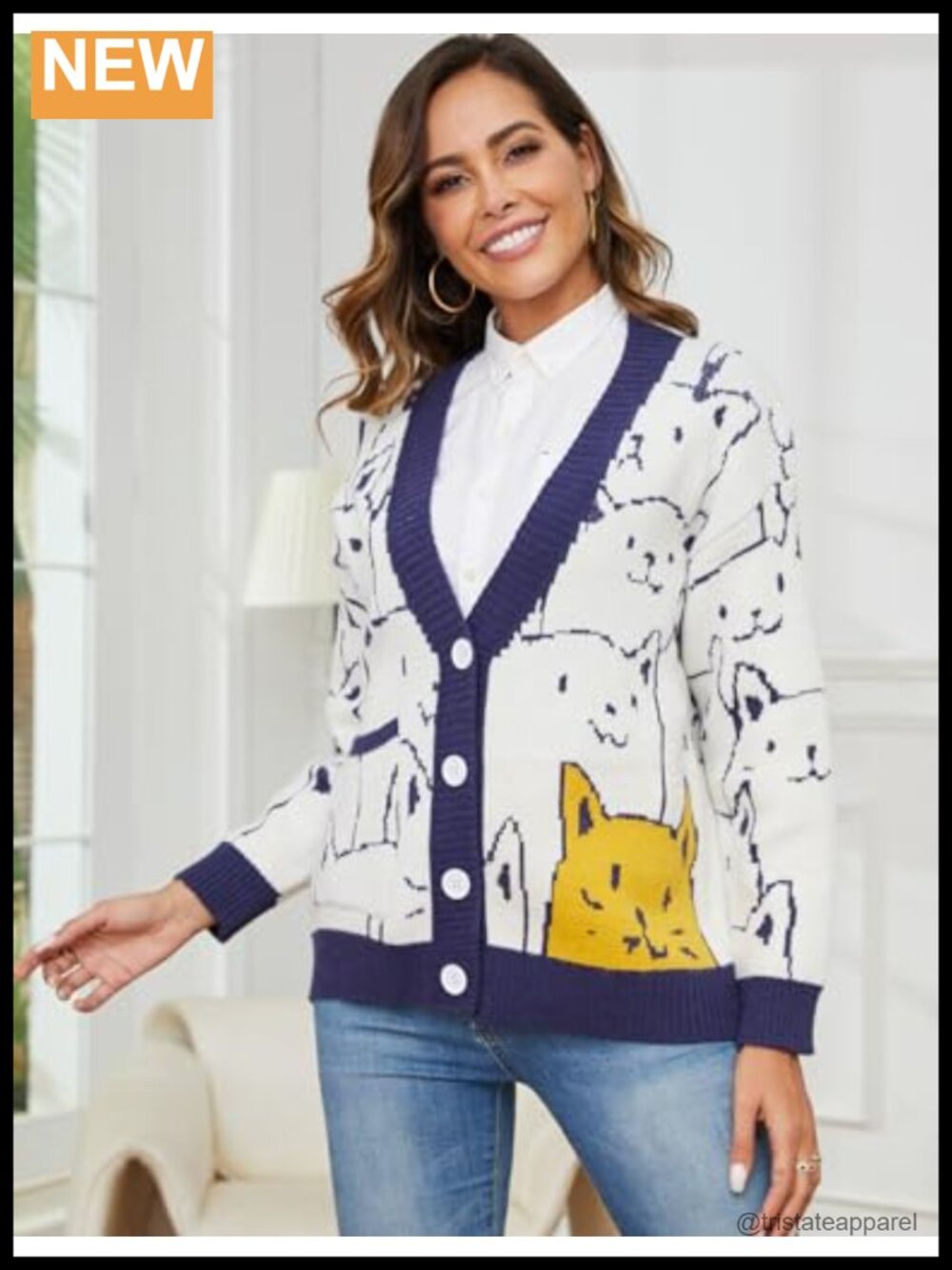 Oversized Kawaii Cat Cardigan Sweater for Women V-Neck Button Down Knitted Long - Picture 4 of 6